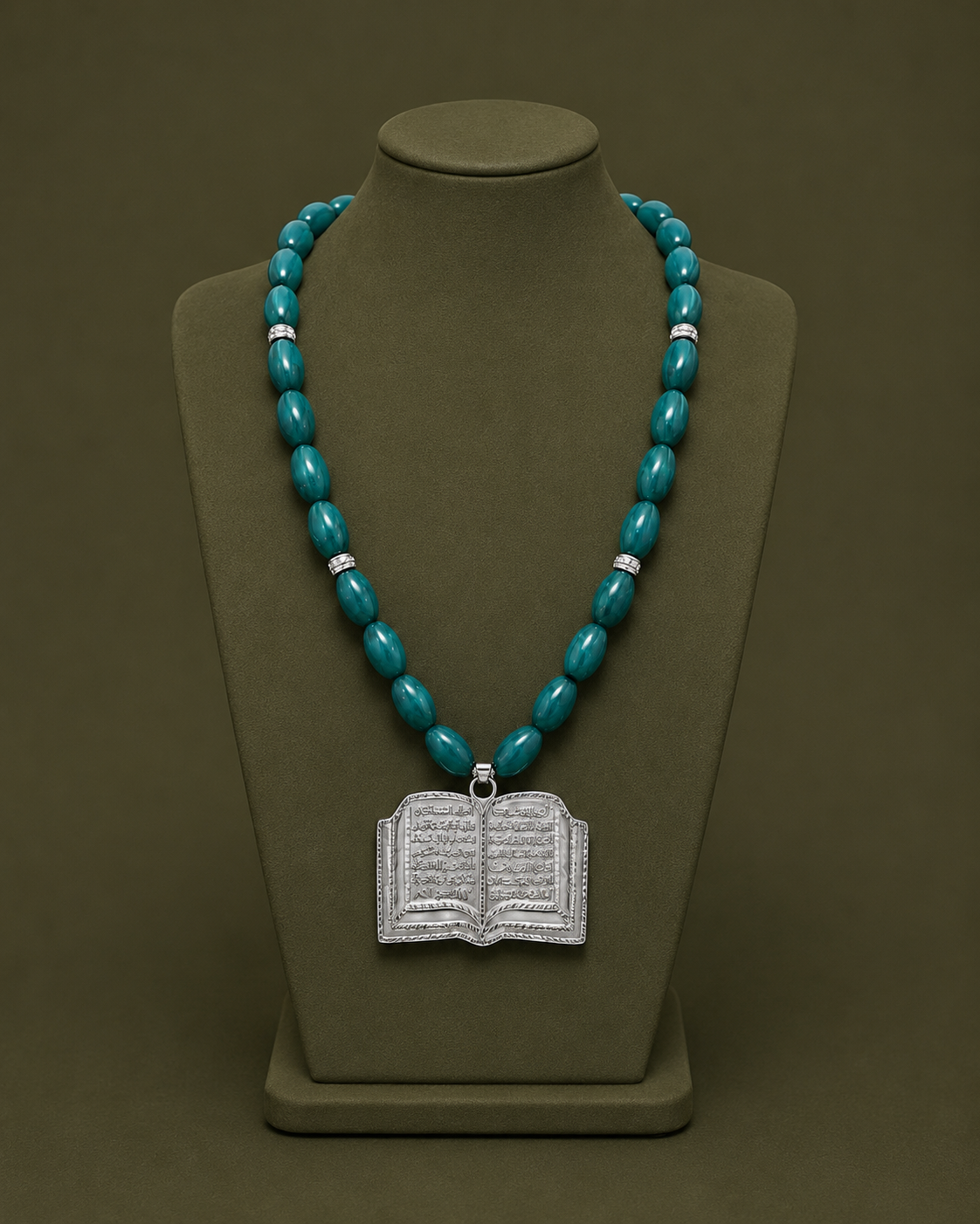 Silver Quran Necklace with Green Stones آية الكرسي