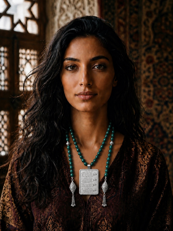 Silver Quran Necklace with Green Stones آية الكرسي
