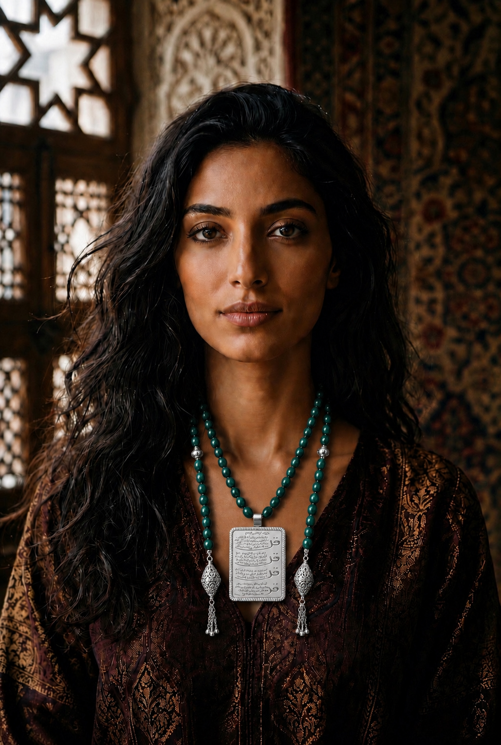 Silver Quran Necklace with Green Stones آية الكرسي