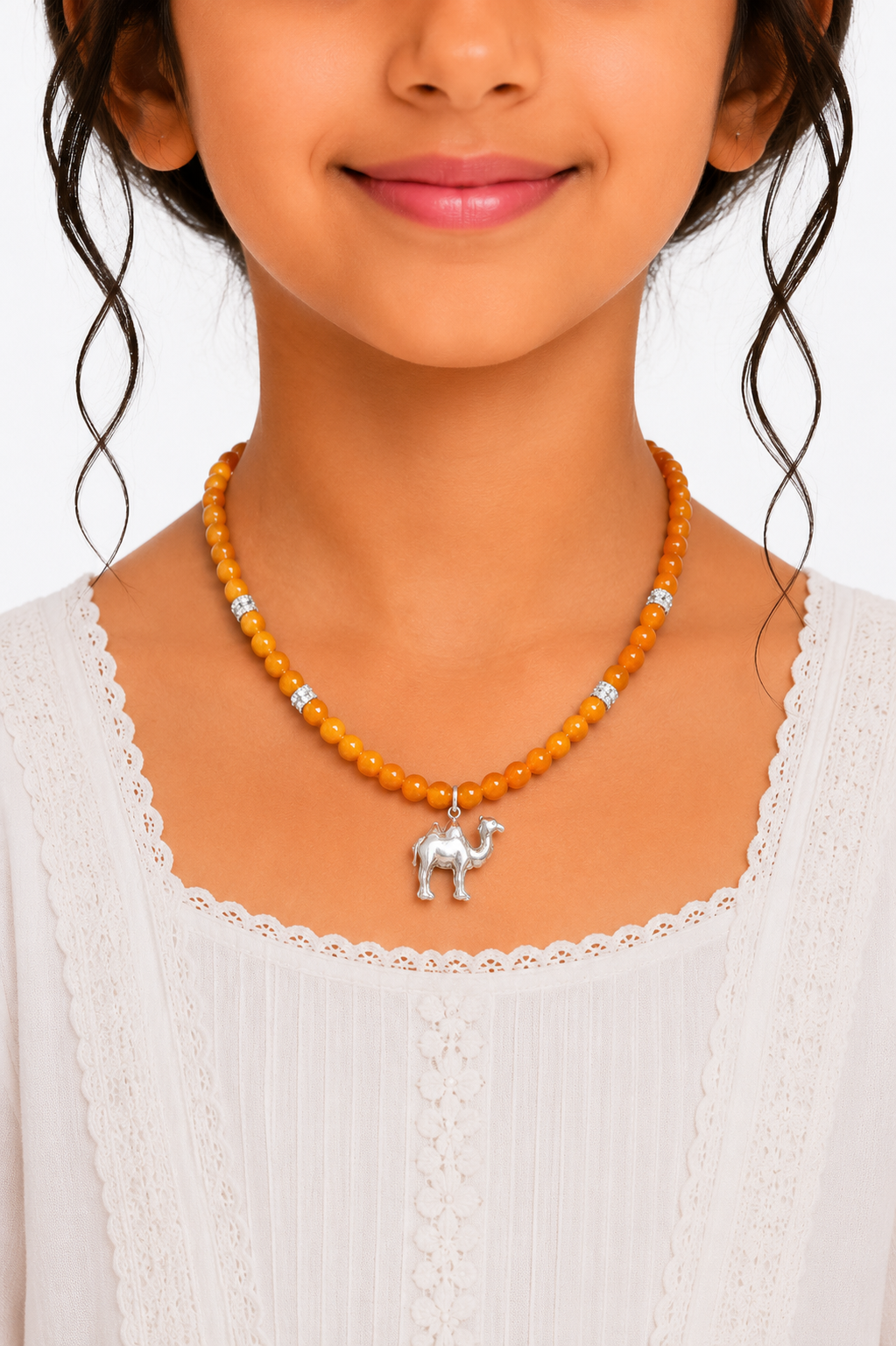 Silver Camel Necklace with Orange Stone