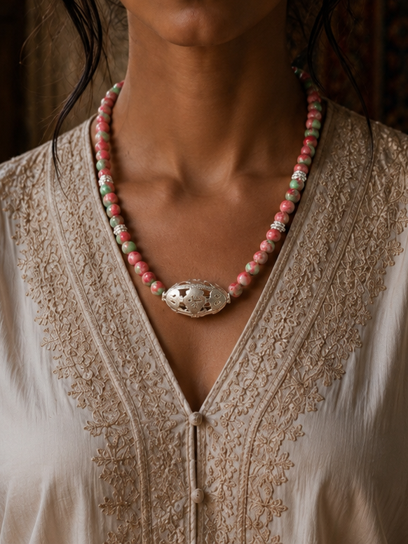 Silver necklace with pink and green stone